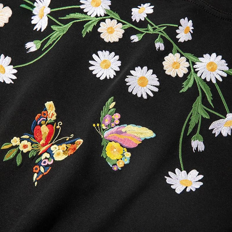 Fashion Men T Shirt Vintage Embroidery T Shirt Women Daisy Hip Hop Tees Shirt Cotton Harajuku Loose Summer Top Flower Butterfly