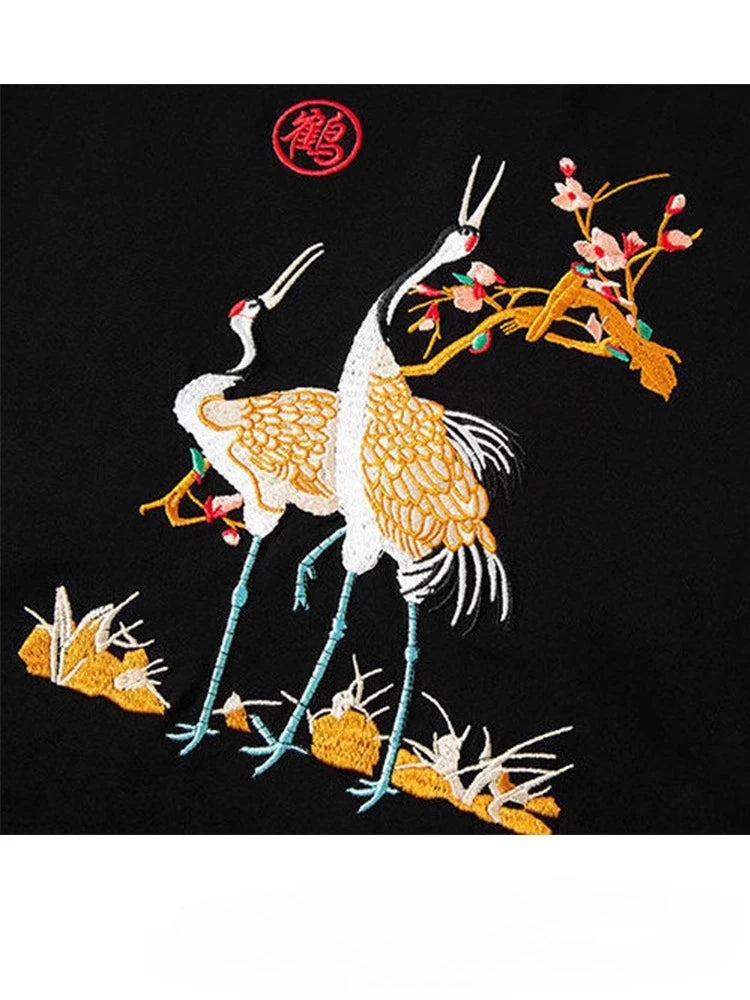 Fashion Crane Embroidery T Shirt Man Chinese Vintage T Shirt Woman Cotton Harajuku  Graphic Tees  Tops Short Sleeve Unisex Male