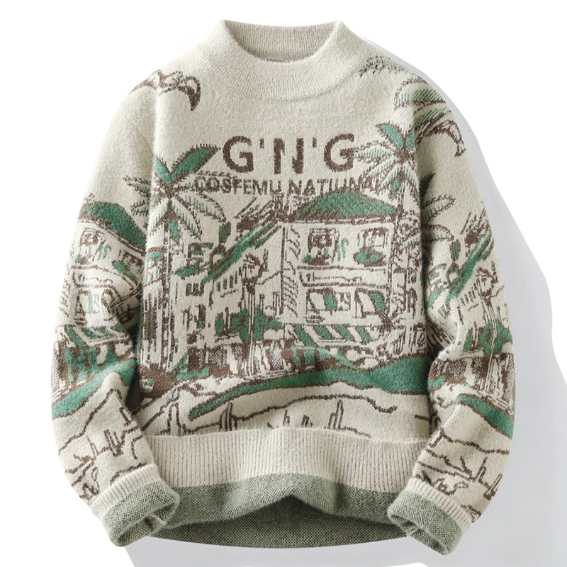 Vintage Knitted Sweater Men Casual Winter Knitwear Sweater Crewneck Jacquard Thick Warm Korean Pullover Youth Clothing Hipster