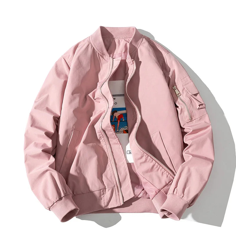Men Bomber Jacket Autumn Winter Pilot Jacket Women Fashion Solid Baseball Coat Hooded Couple Windbreaker Pocket Streetwear Pink