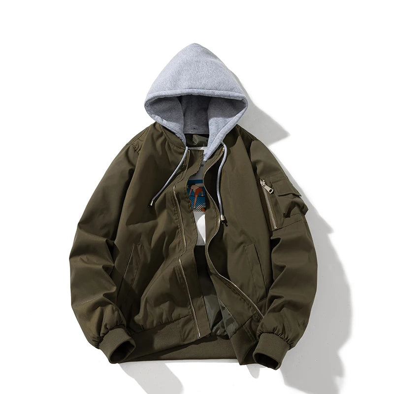 Men Bomber Jacket Autumn Winter Pilot Jacket Women Fashion Solid Baseball Coat Hooded Couple Windbreaker Pocket Streetwear Pink