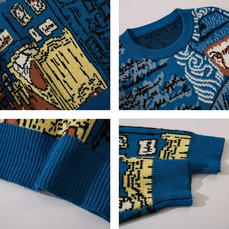 Vintage Cartoon Sweater Men Harajuku Knitted Character Sweater Cacual Knitwear Jacquard O Neck Pullover Men Clothes Unisex 2023