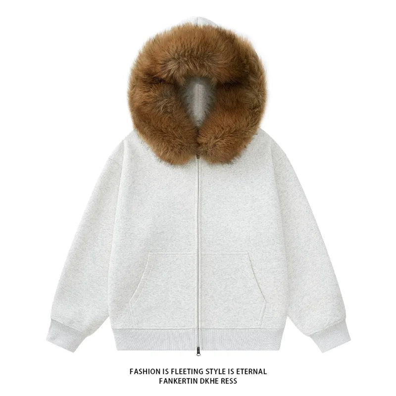 Fashion Hoodie Man Big Size Oversize Hoodies Women Fur Collar Solid Color Hooded Sweatshirt Casual  American Vintage Zipper 2025