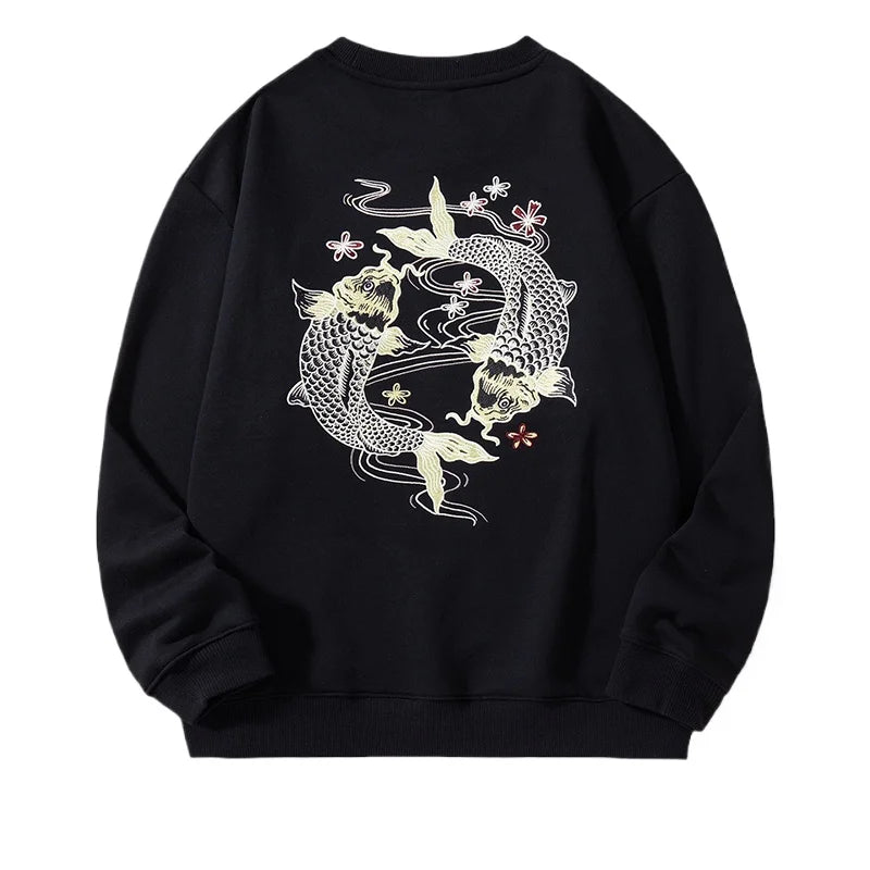 Autumn Embroidery Hoodies Men Women Chinese Carp Casual Crewneck Sweatshirt Cotton Fashion Hooded Hoodies Harajuku Unisex Male