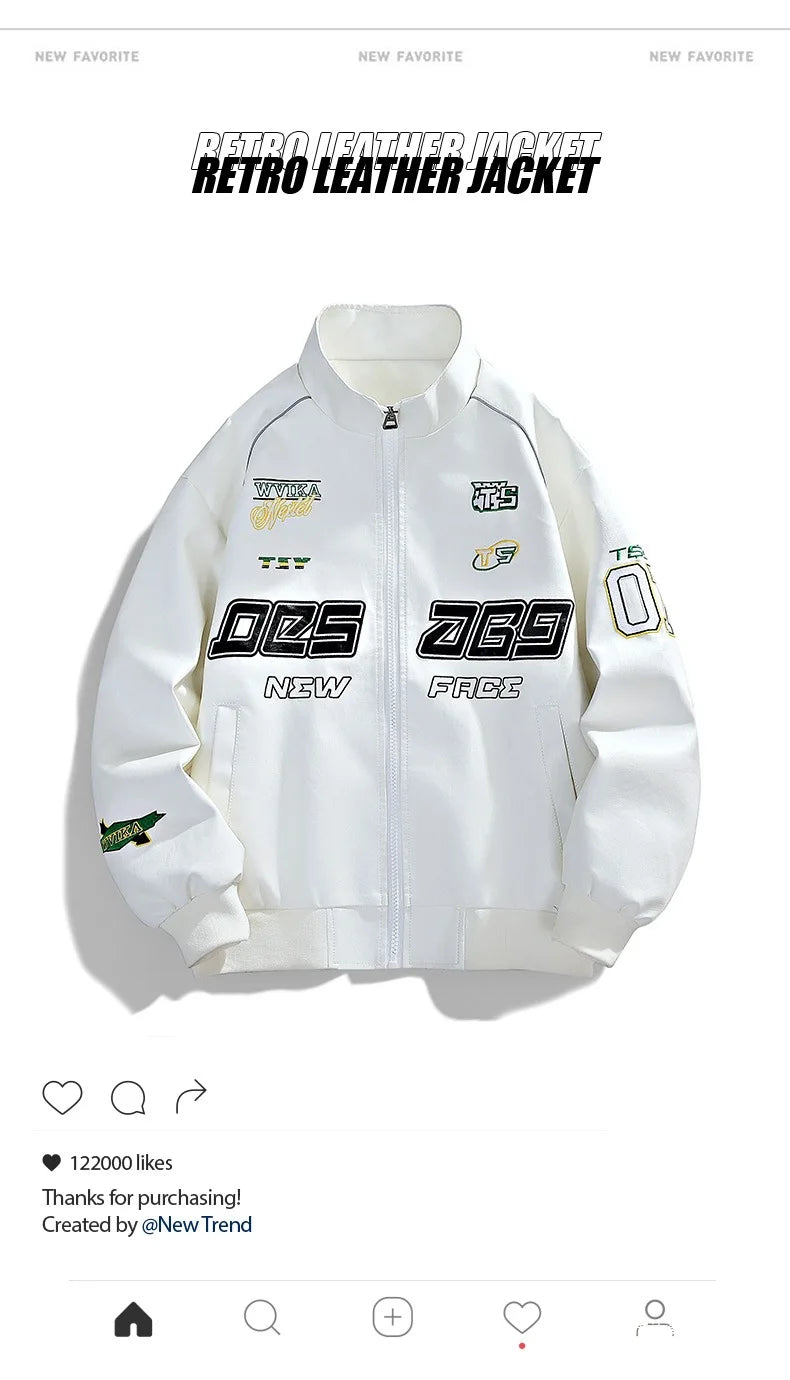 Motorcycle Leather Jackets Man Letter Embroidery Leather Coat Patchwork Fashion Streetwear American Motor Jacket Red White Black