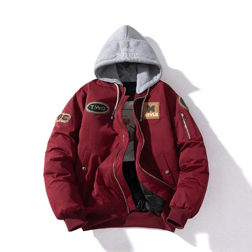 Autumn Winter Bomber Jacket Men Letter Flocking Thick Warm Parkas Coat Women Fashion Retro Hooded Designer Pilot Jacket College