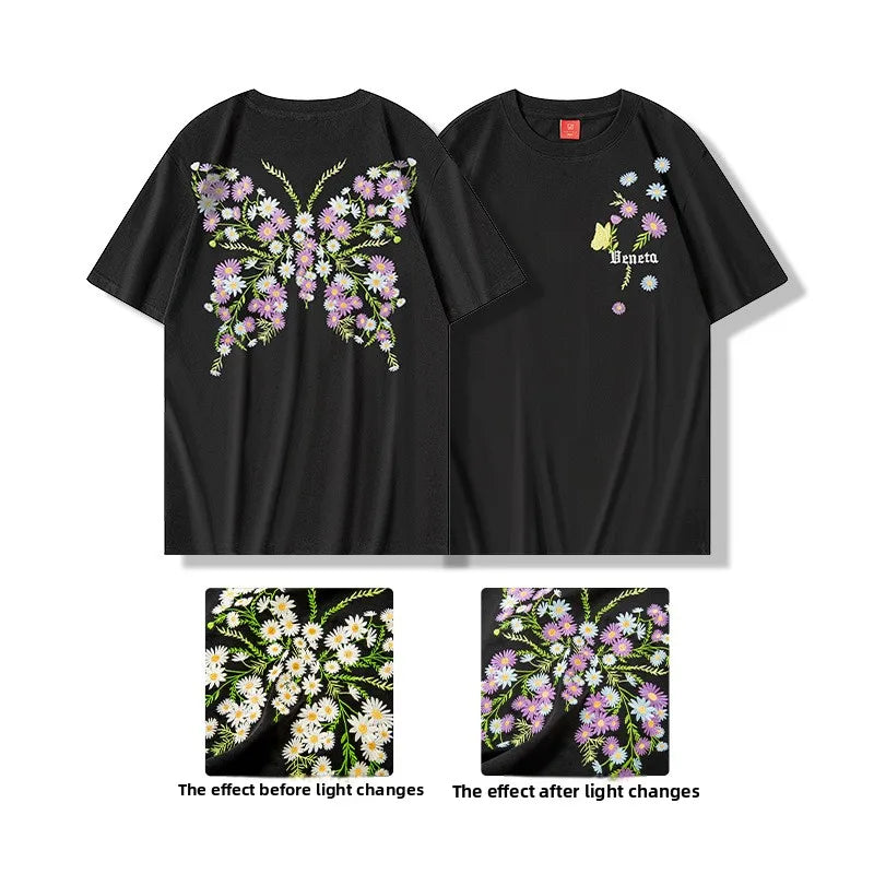 Fashion Man Embroidery T Shirt Woman Butterfly Daisy Harajuku Graphic Tees Luminous Short Sleeve Designer High Quality Couple
