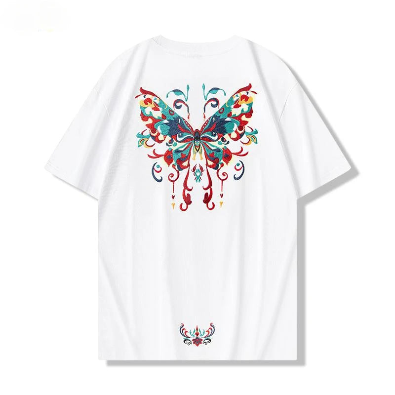 Men Embroidery T Shirt Butterfly Graphic T Shirts Women Fashion Hip Hop Designer Tees Cotton Short Sleeve High Street Unisex