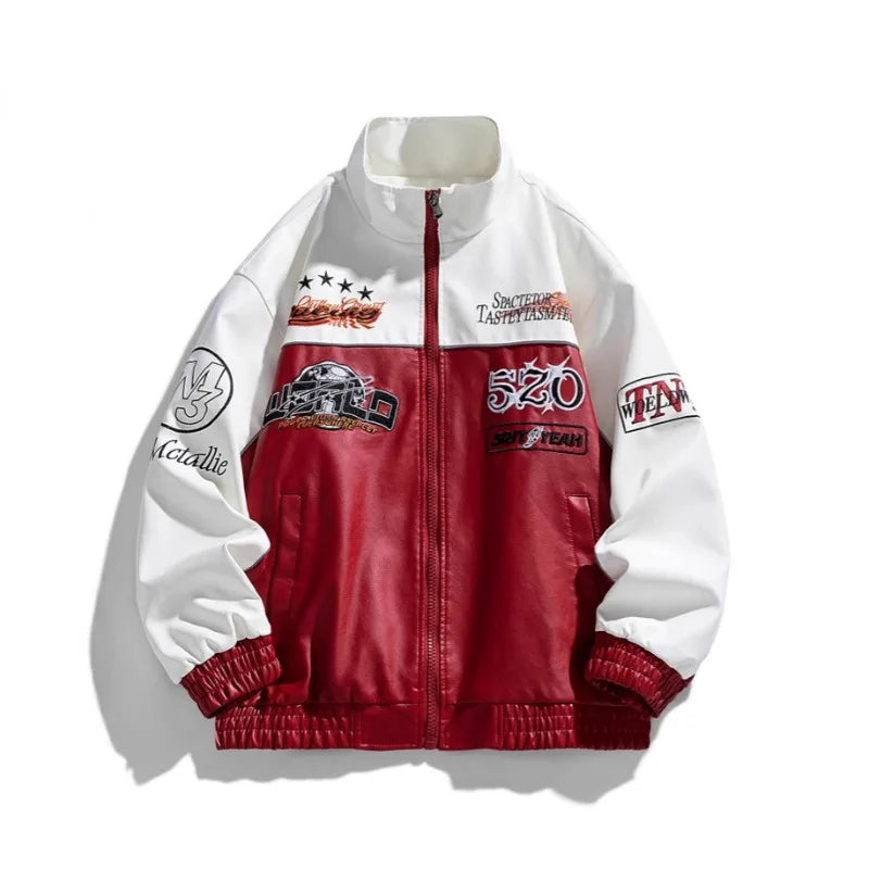 Leather Jacket Man Embroidery Letter Biker Jacket Men Fashion Racing Coat Baggy Loose Spring Autumn Windbreaker Outwear Red 2025