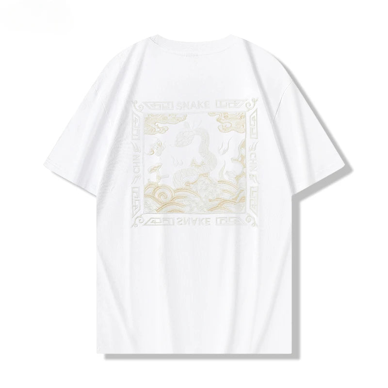 Embroidery T Shirt Men Snake Vintage T Shirt Women Chinese Graphic Tees Cotton Short Sleeve Casual Streetwear Harajuku Unisex