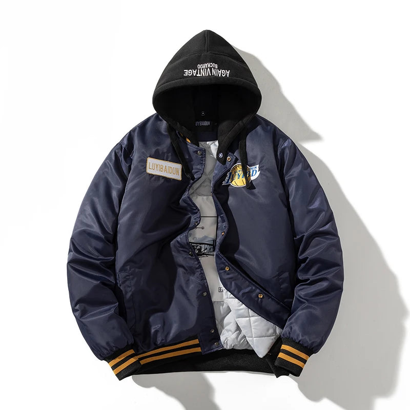 Winter Varsity Jacket Men Badge Basketball Jacket Casual Streetwear Hooded Coat Letter Thick Warm Parkas Male Outerwear Autumn