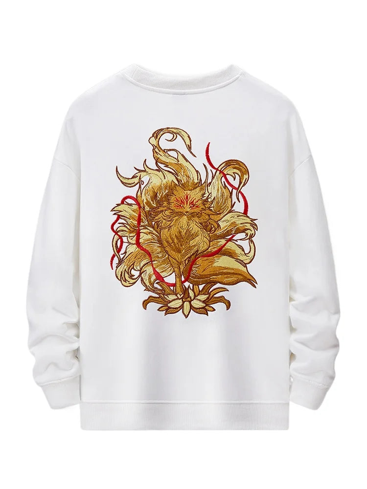 Hip Hop Crewneck Sweatshirt Men Vintage Fox Embroidery Hoodies Women Fashion Cotton Japanese Harajuku Pullover Streetwear Male