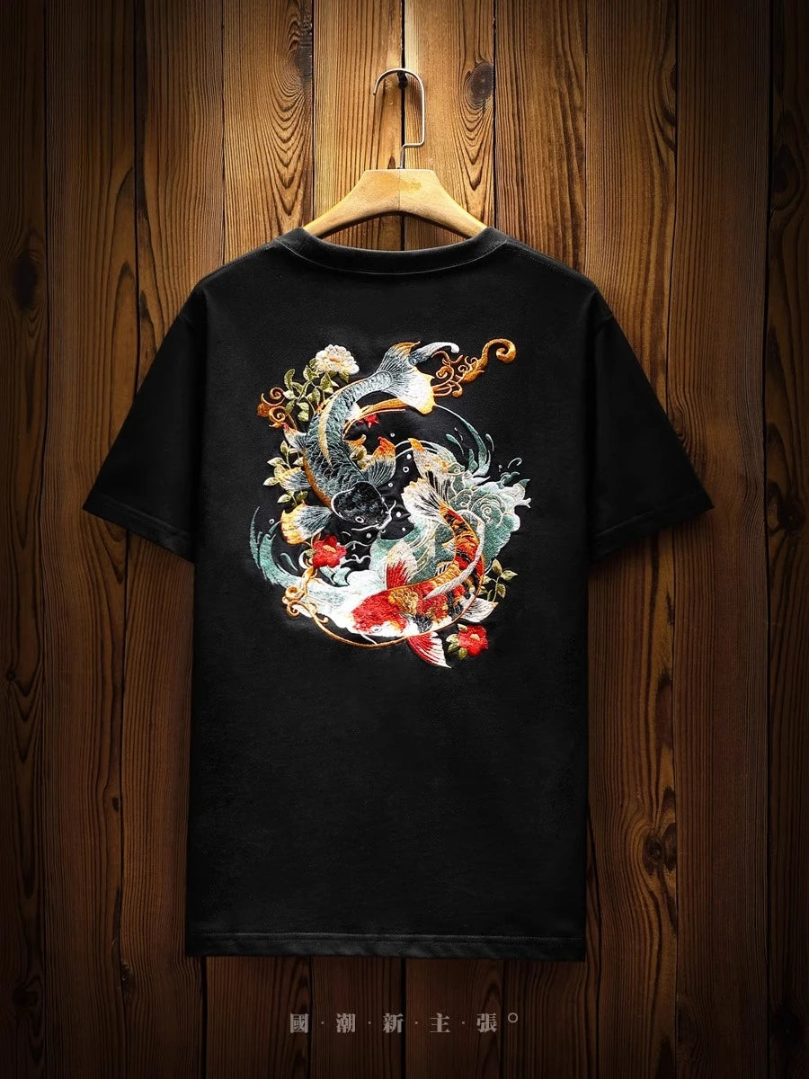 Mens Summer T Shirts Chinese Carp Embroidery T Shirt Men Vintage Graphic Tees Harajuku Cotton Casual Short Sleeve High Quality