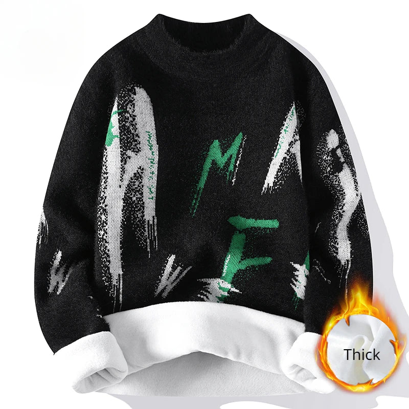 Winter Knitted Sweater Men Letter Fashion Casual Sweater Knitwear Warm Letter Mock Neck Pullover Men Clothing Korean Youth 2023