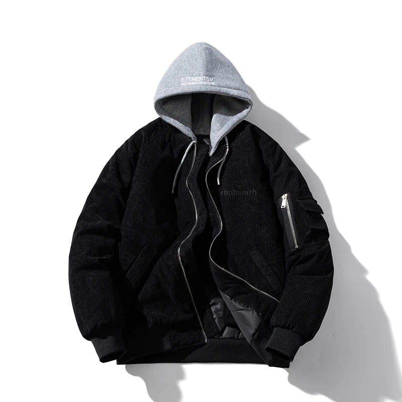 Fashion Bomber Jacket Man Vintage Letter Embroidery Pilot Jacket Women Solid Cotton Corduroy Autumn Winter Coat Hooded Designer