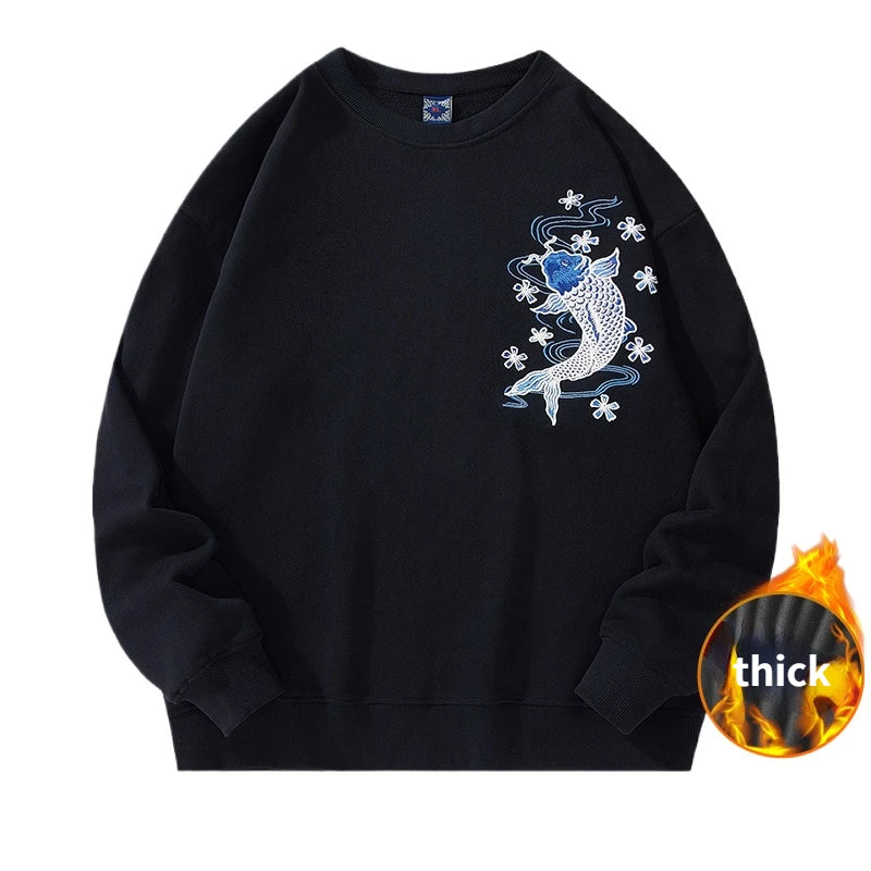 Mens Embroidery Hoodies Women Koi Carp Casual Harajuku Hoodies Japanese Crewneck Sweatshirt Cotton Fleece Pullover Couple Unisex