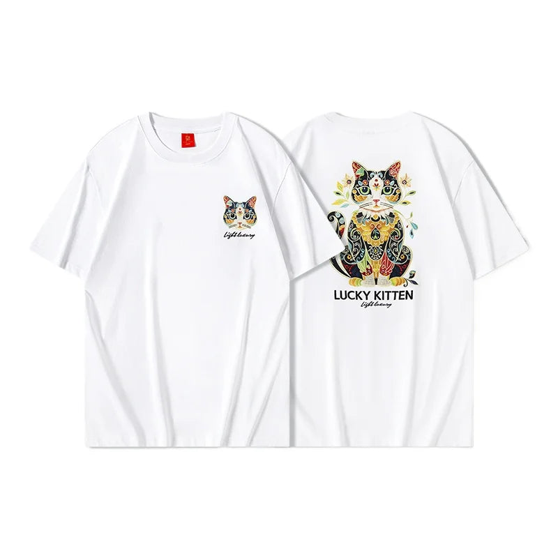 Harajuku T Shirt Men Cat Embroidery T Shirt Women Oversized Japanese Casual  Short Sleeve Cotton Tees High Quality Summer Tops