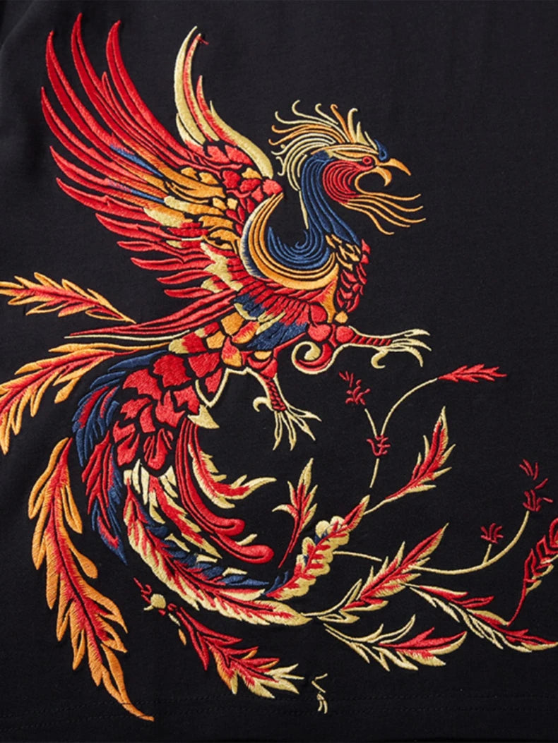Men Women Hip Hop T Shirt Cotton Chinese Embroidery T Shirt Oversized Casual Animal Phoenix Couple Tees Top Unisex High Quality