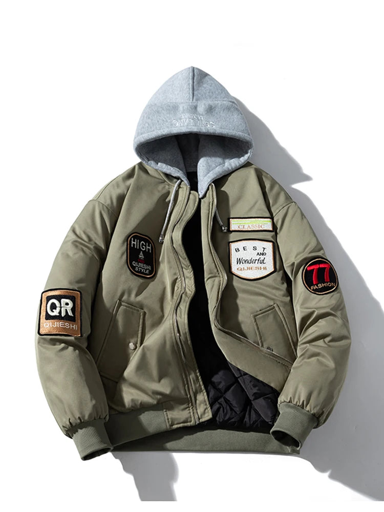 Vintage Bomber Jacket Man Badge Army Pilot Jacket Mens Military Letter American Motorcycle Coat Hooded Winter Parkas Streetwear