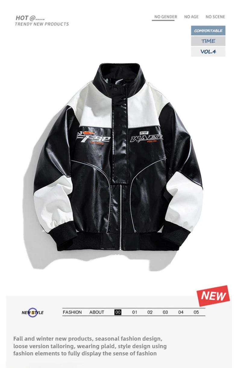 Fashion Leather Jacket Men Motorcycle Biker Jacket Man Original Patchwork Coat Baggy Letter Embroidery Designer Clothes Red 2025