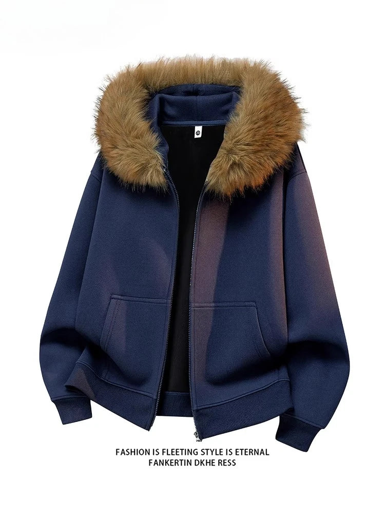 Fashion Hooded Sweatshirt Man Plus Size Fur Collar Casual Sweatshirt Women Zipper Solid Loose Oversize Designer Hoodies 5XL 6XL