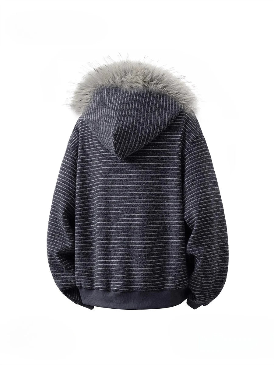 Zip Up Hoodie Man Stripe Hoodies Women Fashion Fur Collar Vintage Sweatshirt Hooded Zipper Coat Japanese Designer Harajuku 2025