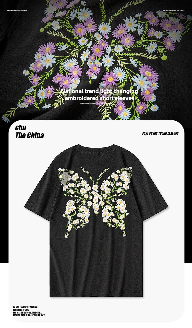 Fashion Man Embroidery T Shirt Woman Butterfly Daisy Harajuku Graphic Tees Luminous Short Sleeve Designer High Quality Couple