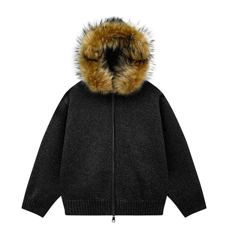 Man Cardigan Jacket Fur Collar Hooded Hooded Sweater Coat Women Fashion Knitted Sweater Casual Harajuku Zipper Couple Japanese