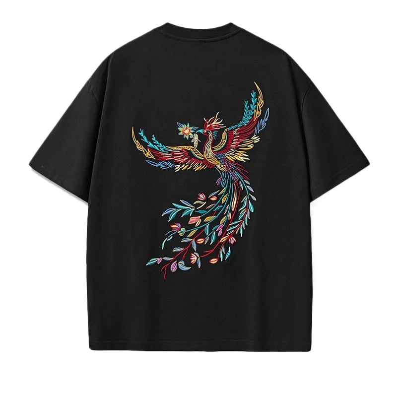 Embroidery T Shirt Men Phoenix Vintage Graphic Tees Harajuku Cotton Short Sleeve Chinese Hip Hop T Shirt Women Summer Fashion