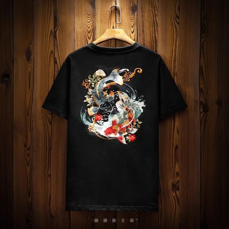 Mens Summer T Shirts Chinese Carp Embroidery T Shirt Men Vintage Graphic Tees Harajuku Cotton Casual Short Sleeve High Quality