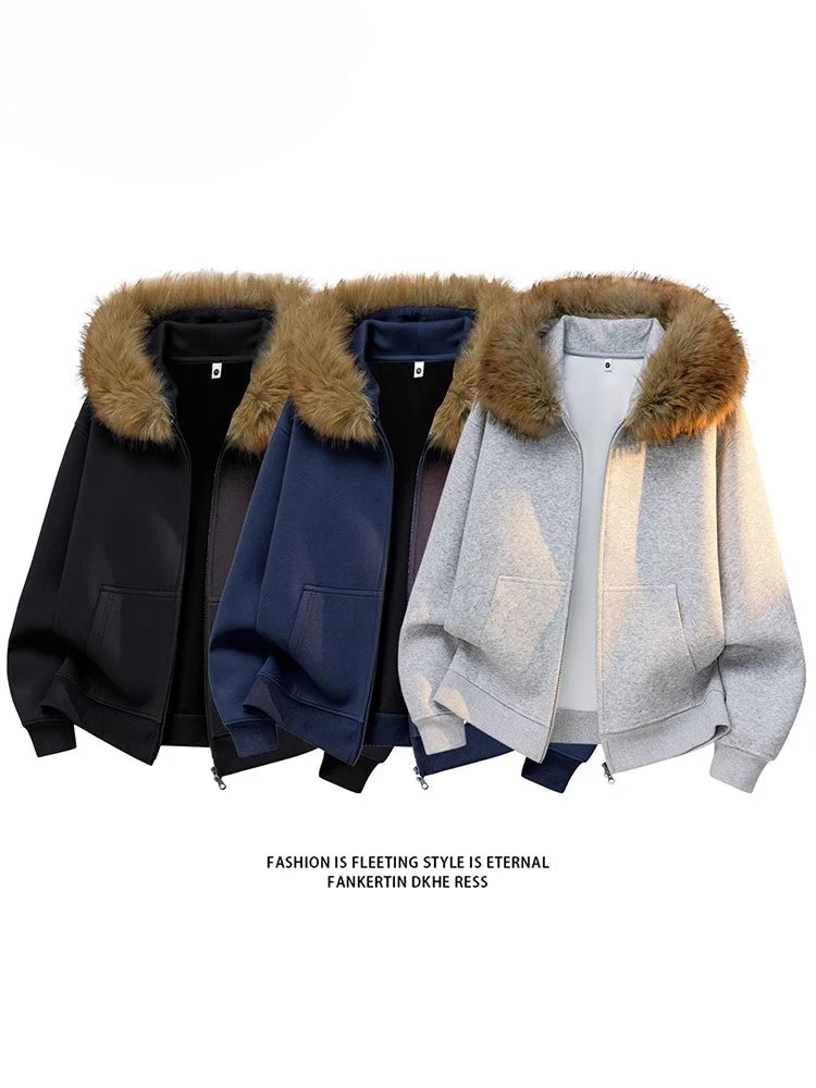 Fashion Hooded Sweatshirt Man Plus Size Fur Collar Casual Sweatshirt Women Zipper Solid Loose Oversize Designer Hoodies 5XL 6XL