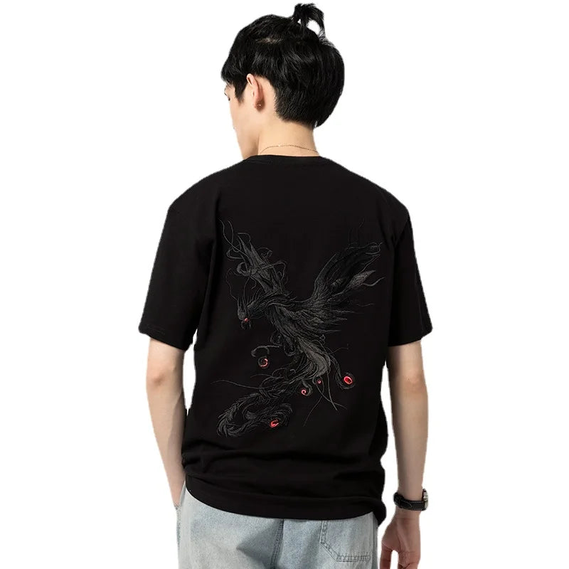 Vintage Embroidery T Shirt Men Phoenix Japanese T Shirt Men Cotton Short Sleeve Casual Summer Tops Youth Streetwear Big Size