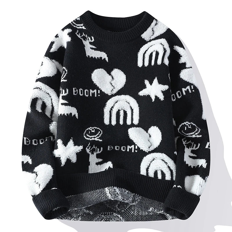 Christmas Print Knitted Sweater Men Vintage Knitwear Sweater Jacquard Thick Warm Korean Crewneck Pullover Male Youth Hipster Red