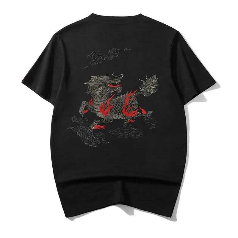Summer Men T Shirt Harajuku Dragon Embroidery T Shirt Chinese Vintage Tees Tops Cotton Short Sleeve Casual  Streetwear 09s Youth