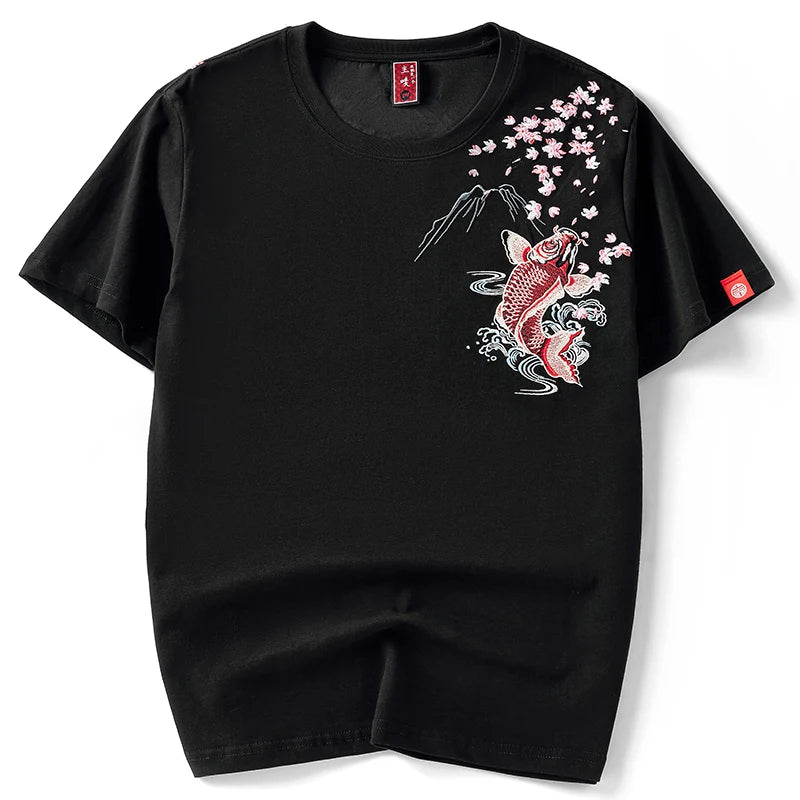Embroidery T Shirt Men Chinese Brocade Carp Harajuku T Shirt Men Vintage Graphic Tees Short Sleeve Summer Streetwear Big Size