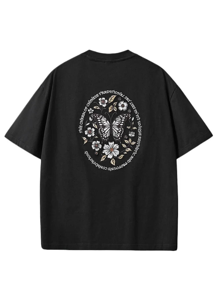 Vintage T Shirt Men Hip Hop Embroidery T Shirt Women Butterfly Letter Cotton Short Sleeve Harajuku Tees Casual Loose Unisex 2025
