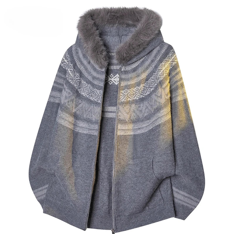 Cardigan Men Vintage Knitted Hooded Sweater Women Fashion Fur Collar Casual Jacquard Sweater Loose Japanese Harajuku Unisex Hat