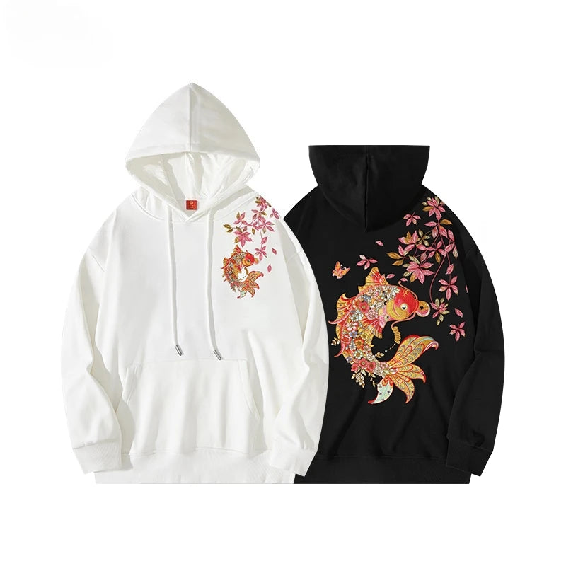 Fashion Embroidery Hoodies Man Brocaded Carp Sweatshirt Women Harajuku Hoodies Oversize Chinese Vintage Hoody Couple Pullover