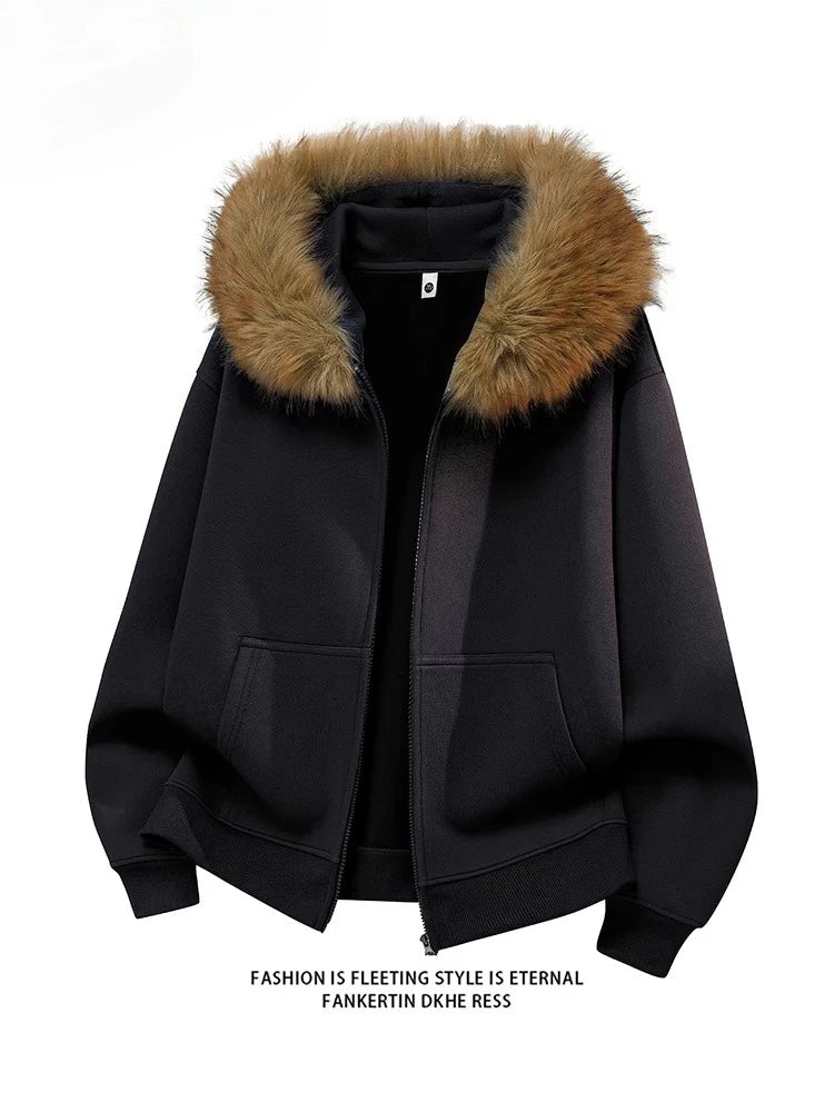 Fashion Hooded Sweatshirt Man Plus Size Fur Collar Casual Sweatshirt Women Zipper Solid Loose Oversize Designer Hoodies 5XL 6XL