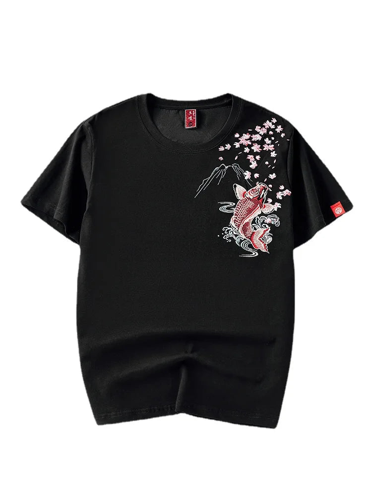Embroidery T Shirt Men Chinese Brocade Carp Harajuku T Shirt Men Vintage Graphic Tees Short Sleeve Summer Streetwear Big Size