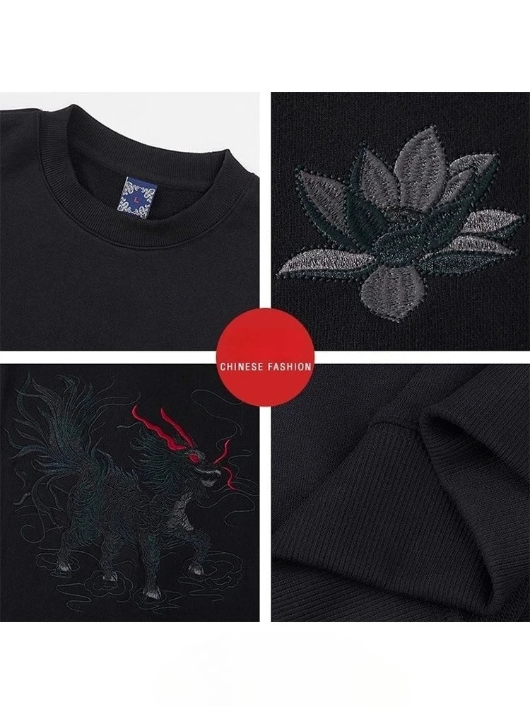 Embroidery Hoodies Men Casual Vintage Hoodies Man Chinese Harajuku Cotton Fashion Hip Hop Sweatshirt Pullover High Quality Male