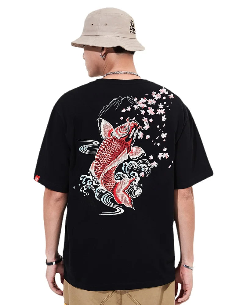 Embroidery T Shirt Men Chinese Brocade Carp Harajuku T Shirt Men Vintage Graphic Tees Short Sleeve Summer Streetwear Big Size