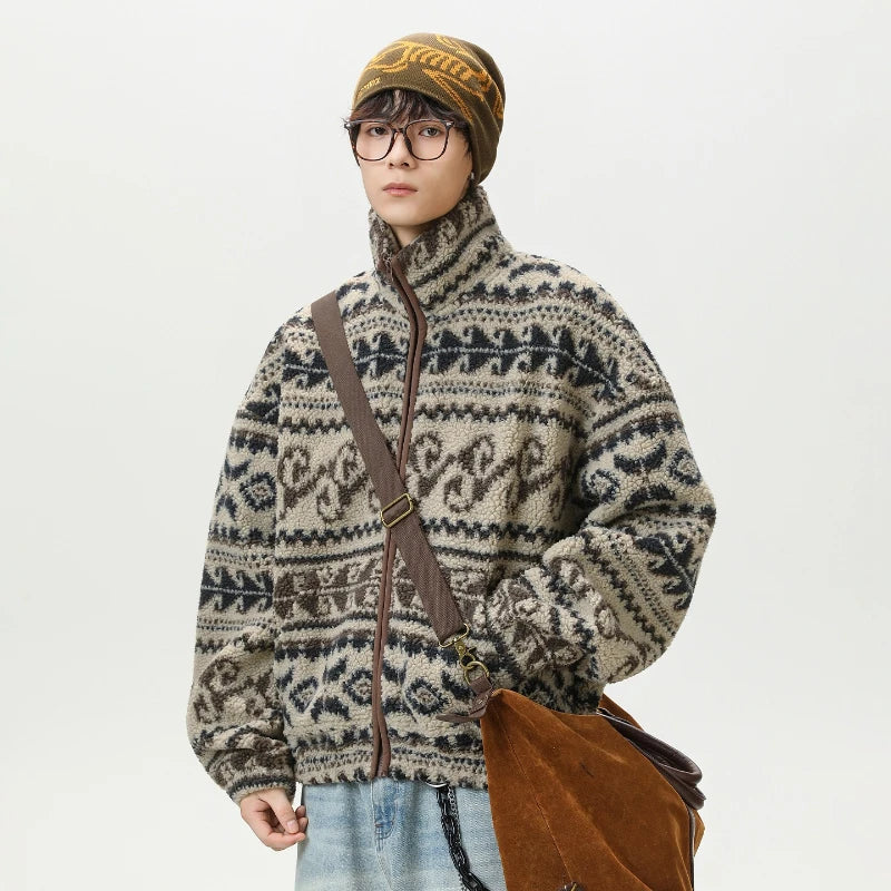 Autumn Winter Fleece Jacket Man Jacquard Fashion Casual Wool Velvet Jacket Men Warm Coat Ethnic Style Women Couple Streetwear