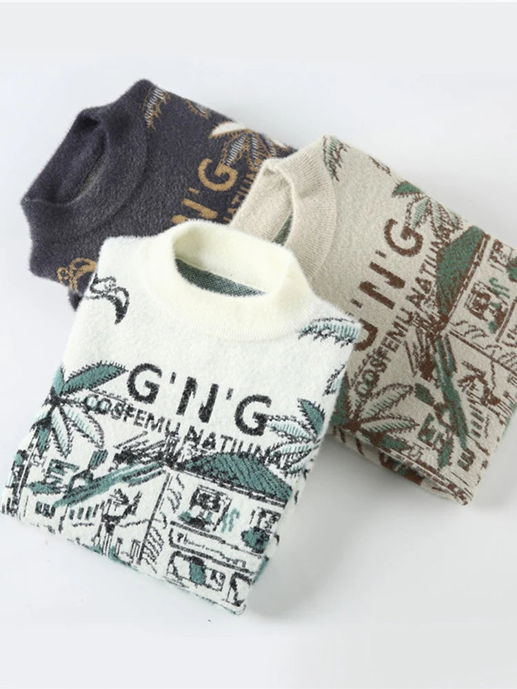 Vintage Knitted Sweater Men Casual Winter Knitwear Sweater Crewneck Jacquard Thick Warm Korean Pullover Youth Clothing Hipster