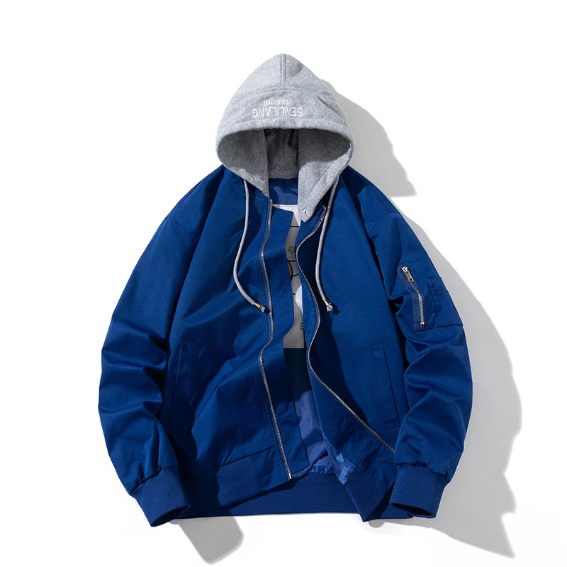 Autumn Winter Pilot Jacket Men Women Solid Bomber Jacket Vintage Fashion Casual Windbreaker Coat Hooded Couple Parkas Blue Khaki