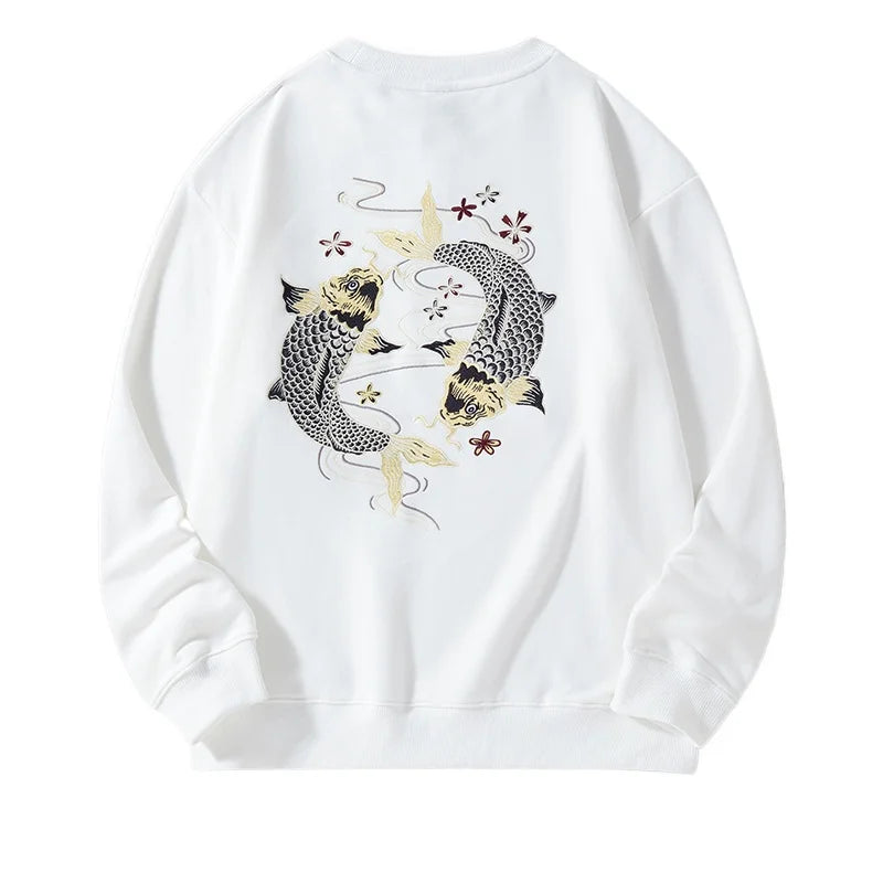 Autumn Embroidery Hoodies Men Women Chinese Carp Casual Crewneck Sweatshirt Cotton Fashion Hooded Hoodies Harajuku Unisex Male