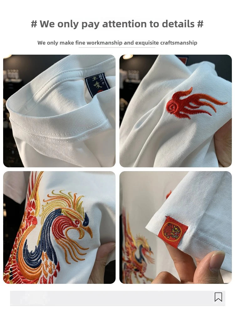 Summer T Shirt Man Harajuku Phoenix Embroidery T Shirt Woman Vintage Hip Hop Tees Fashion Short Sleeve Chinese Cool Streetwear