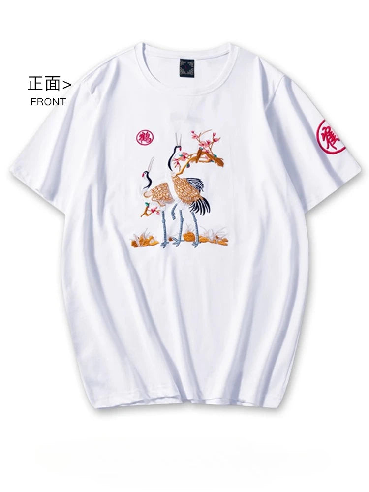 Fashion Crane Embroidery T Shirt Man Chinese Vintage T Shirt Woman Cotton Harajuku  Graphic Tees  Tops Short Sleeve Unisex Male