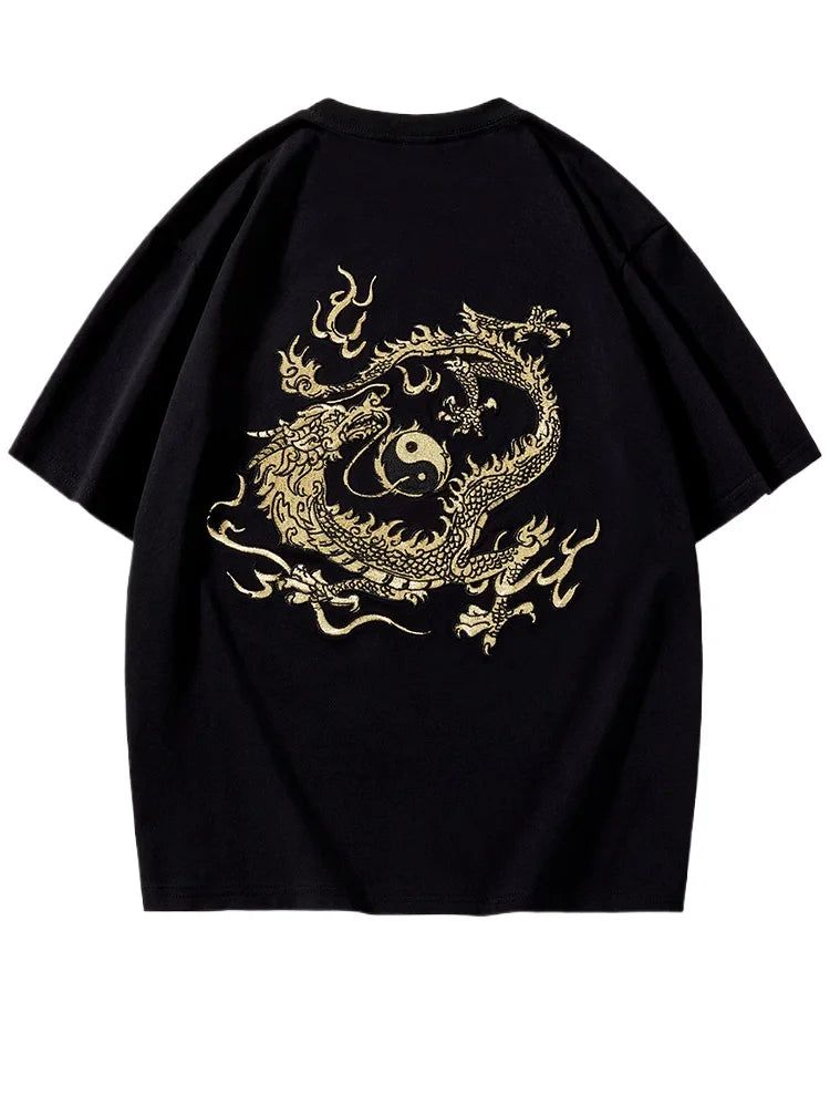 Embroidery T Shirt Men Gold Dragon Graphic T Shirts Man Vintage Hip Hop Chinese Tees Short Sleeve Cotton Casual Summer Tops Male