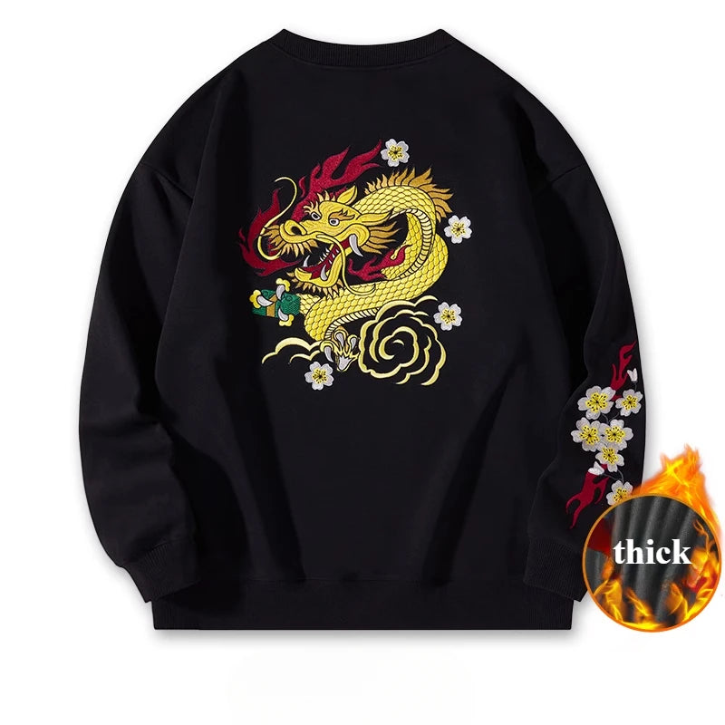 Crewneck Sweatshirt Men Casual Embroidery Hoodies Vintage Chinese Hip Hop Warm Fleece Pullover Cotton Harajuku Streetwear Youth